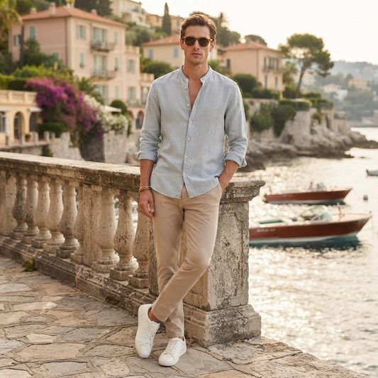 H&M Lenvászon hatású szürke férfi állógalléros ing - M