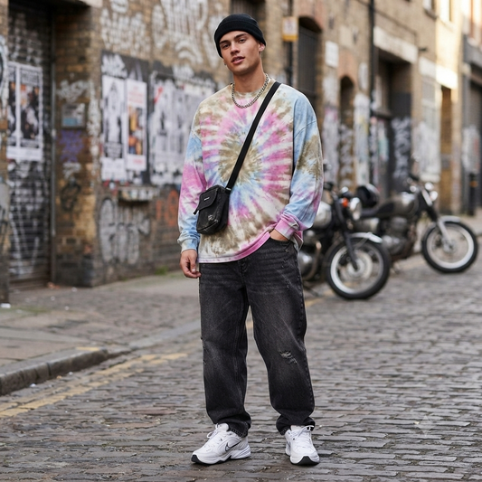 ASOS kék-rózsaszín férfi batikolt hosszú ujjú póló - L