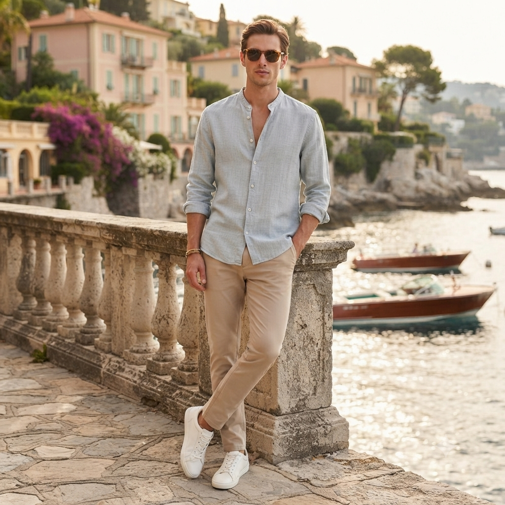 H&M Lenvászon hatású szürke férfi állógalléros ing - M