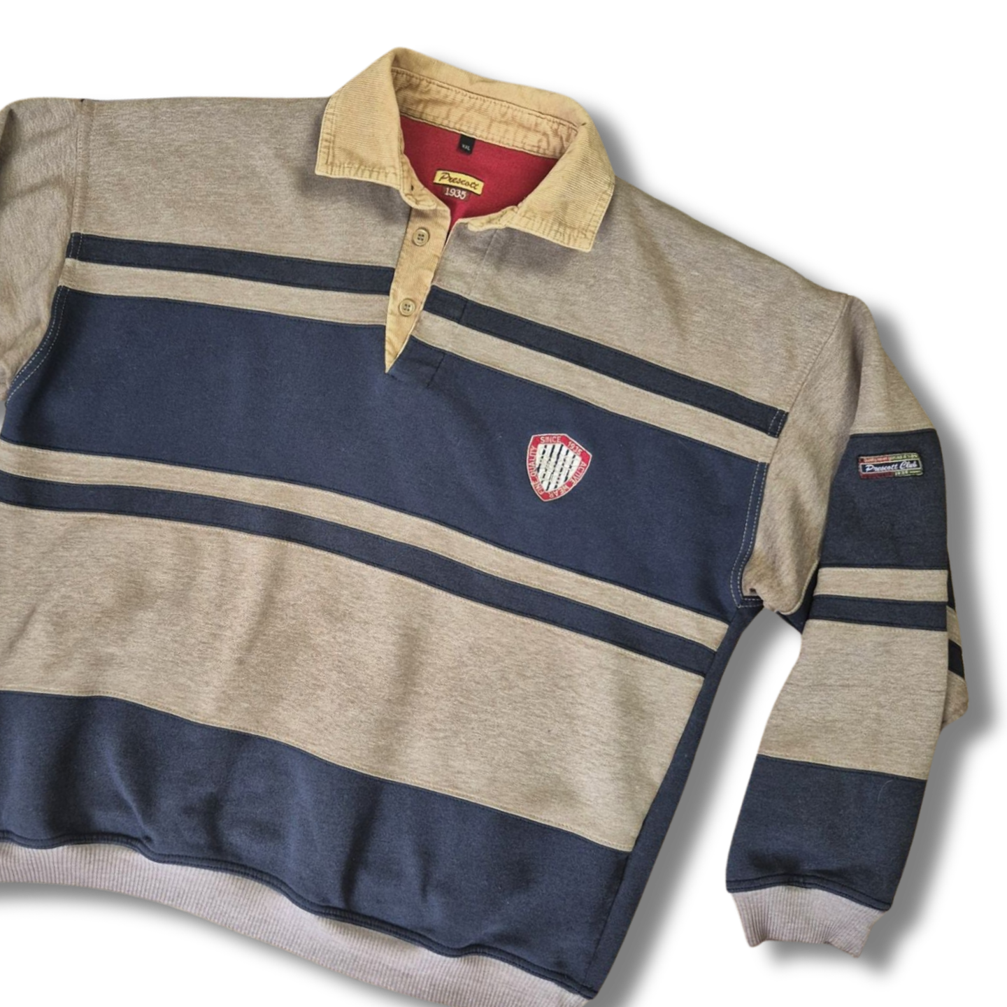 Prescott 1935 vintage rugby csíkos pulóver kordbársony gallérral - XXL