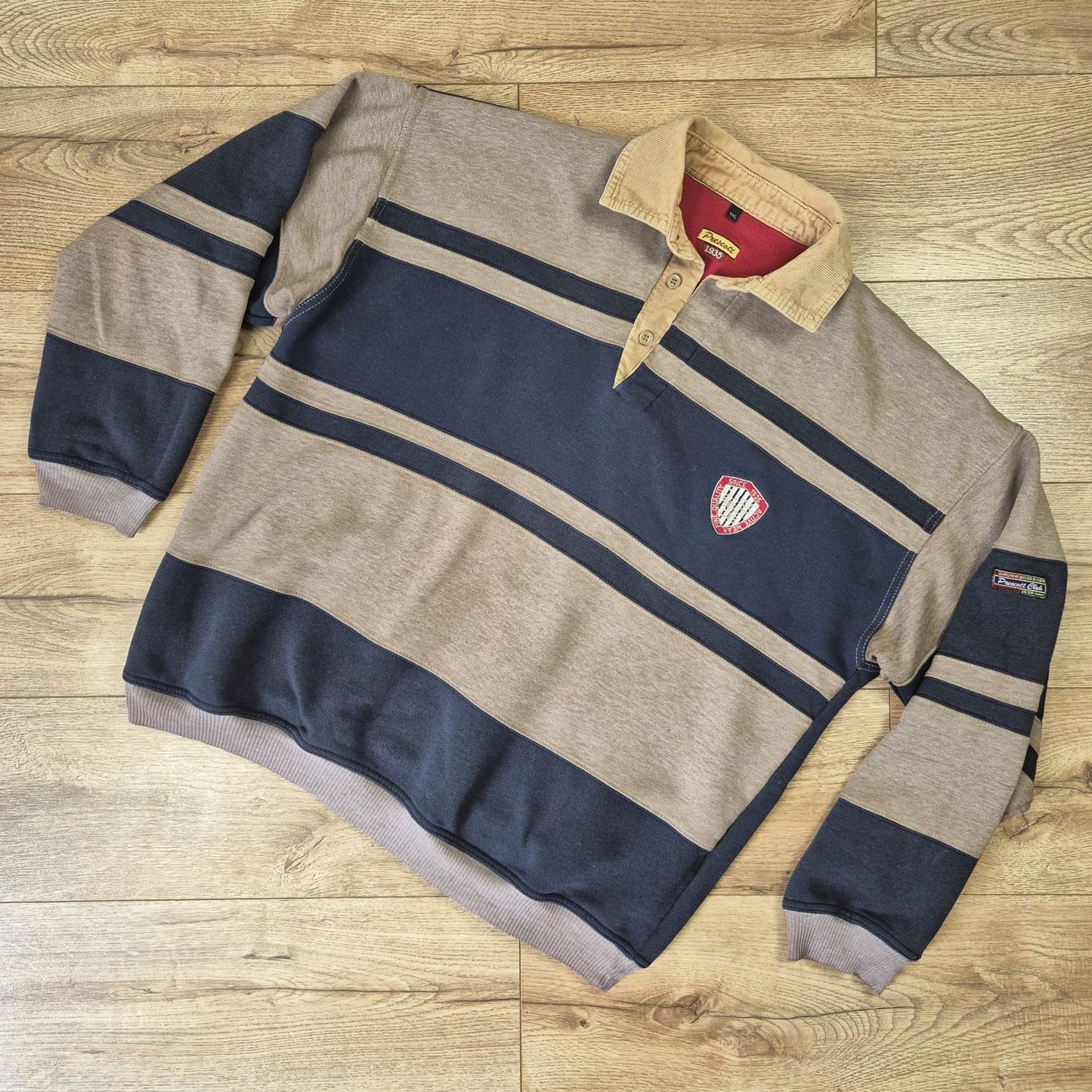 Prescott 1935 vintage rugby csíkos pulóver kordbársony gallérral - XXL