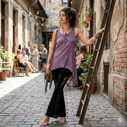 Koptatott mályva boho aszimmetrikus női trikó - S