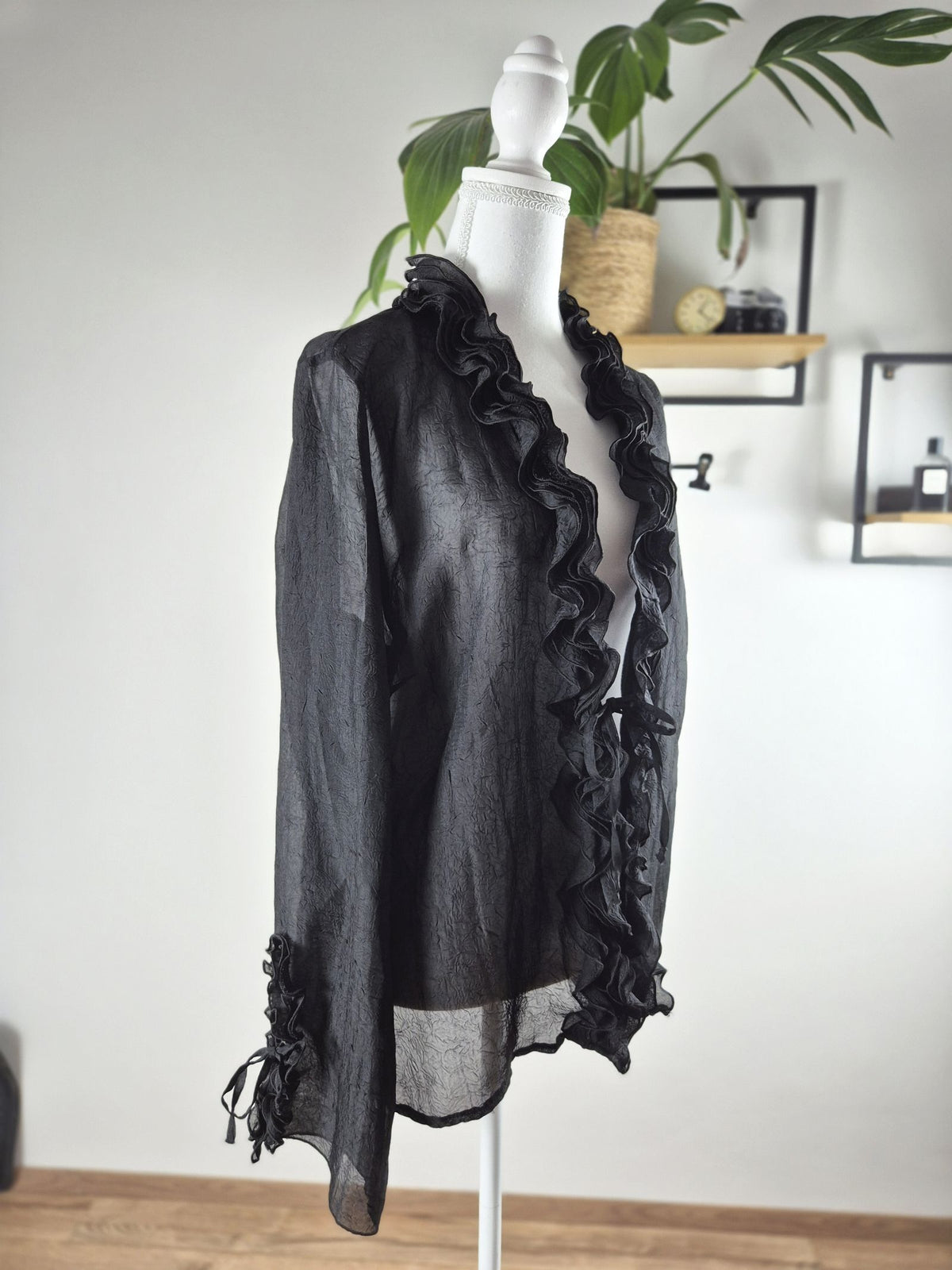 My Own fekete áttetsző fodros blúz / megkötős kardigán - 44 / XL